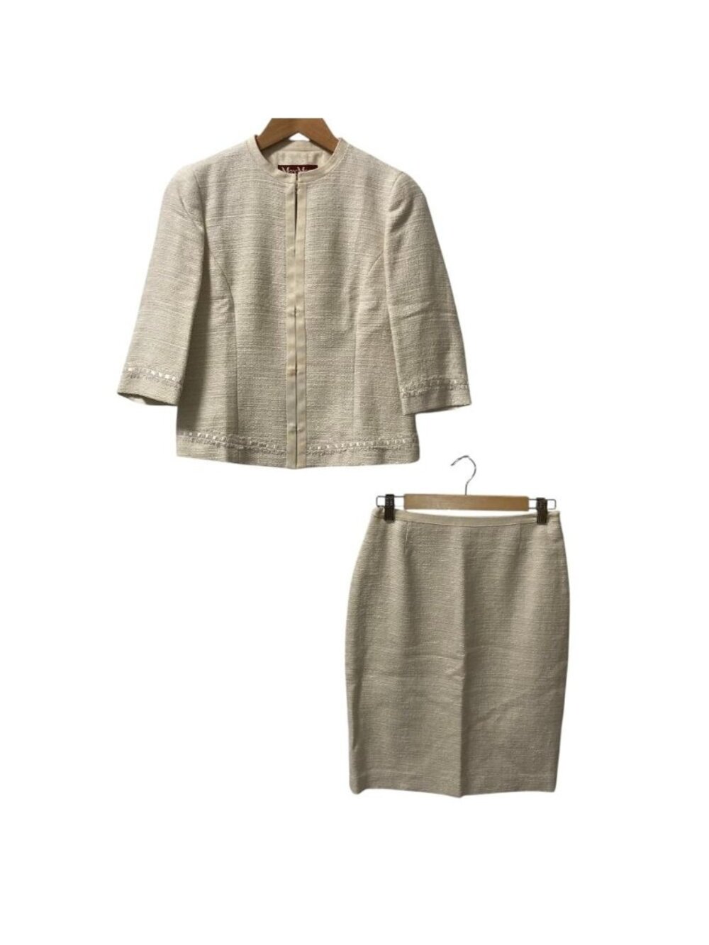 Max Mara Studio Tweed Collarless Jacket Skirt Set White Spring Summer 40